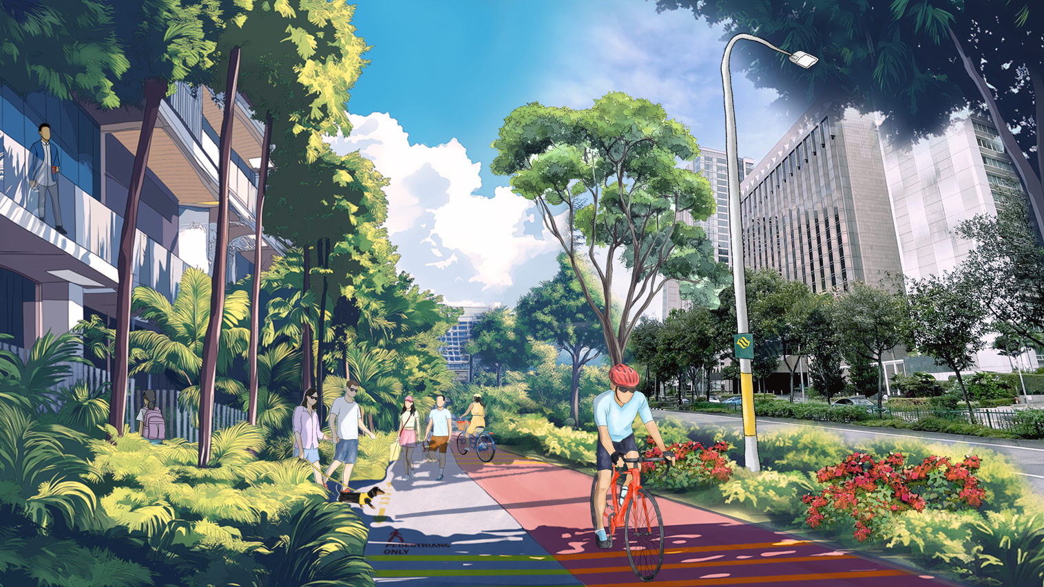 Illustration of people walking and biking on a tree-lined path beside modern buildings on a sunny day.